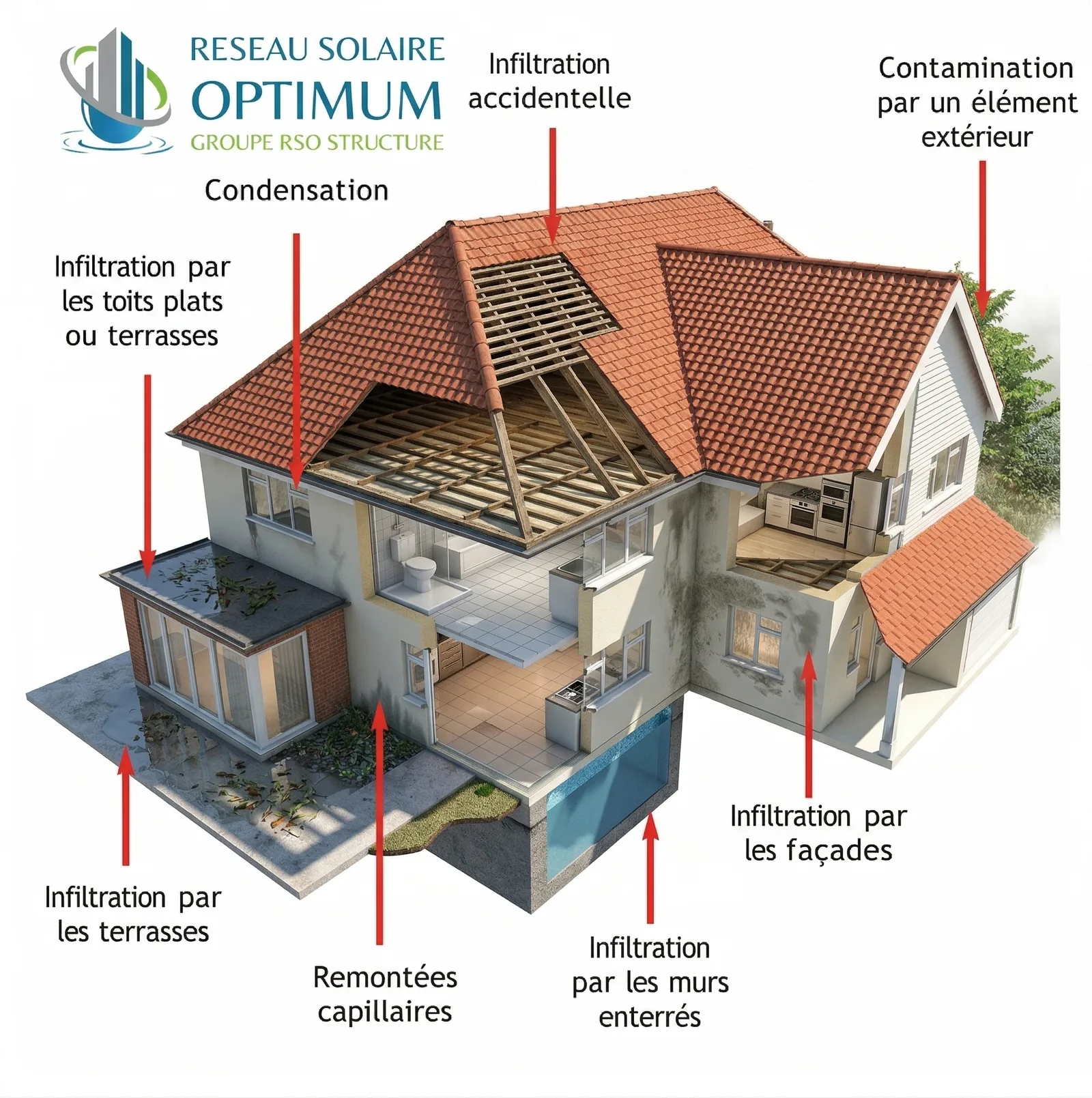 Schéma illustré des causes d'humidité — remontées capillaires, infiltrations, condensation